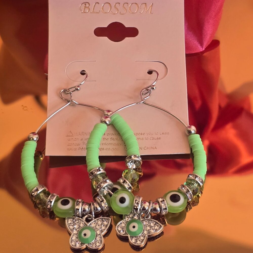 Blossom Green Evil Eye Beaded Hoop Earrings | Rhinestone Flower Dangle Boho NWT